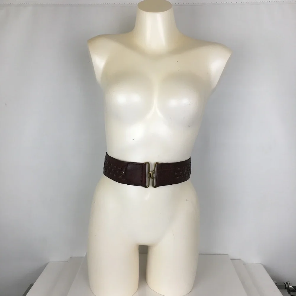 Wide Boho Woven Leather Stretchy Belt Brown with Brass Studs Women’s Size L/XL